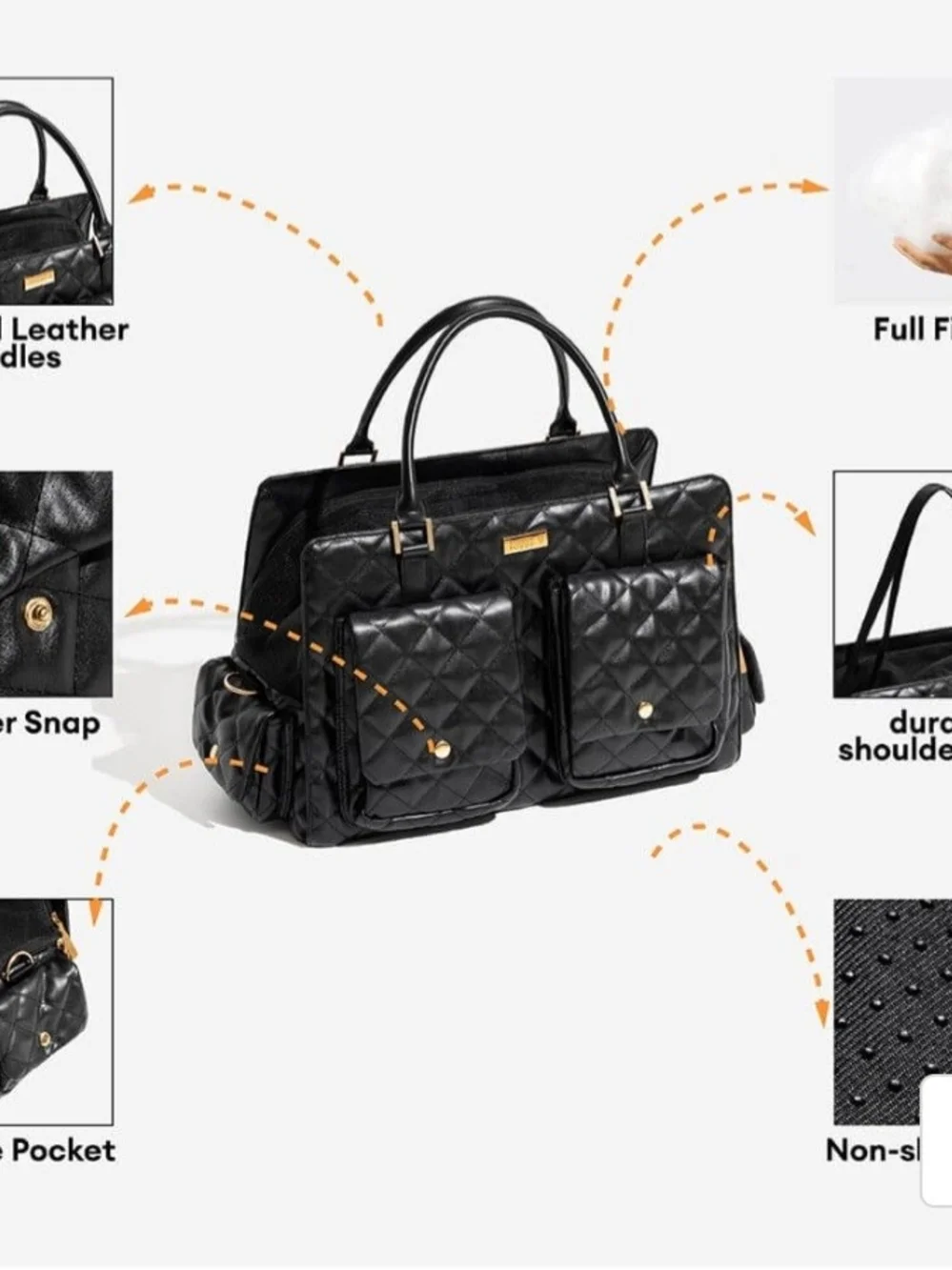 Quilted Black Pet Travel Carrier Tote - Stylish Dog Carrier